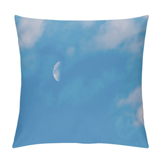 Personality  Crescent Moon Over Blue Sky With High Clouds At Sunset. Half-moon Phase With Clouds At Day. Low Angle View Of Moon In Sky. Pillow Covers