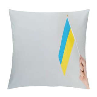 Personality  Cropped View Of Man With Small Ukrainian Flag Isolated On Grey With Copy Space, Banner Pillow Covers