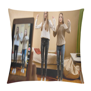 Personality  REcording Video On Smartphone Of Two Teenage Girls Dancing For Posting In Internet. Modern Communication, Social Media And Gadgets Pillow Covers