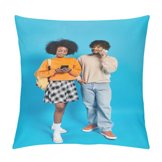 Personality  Couple Of Interracial Students In Casual Attire Standing Next To Each Other On Blue Backdrop In Studio. Pillow Covers