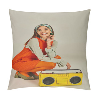 Personality  Happy Woman In Bright Orange Dress Looking At Camera Near Yellow Boombox On Grey, Vintage Vibes Pillow Covers