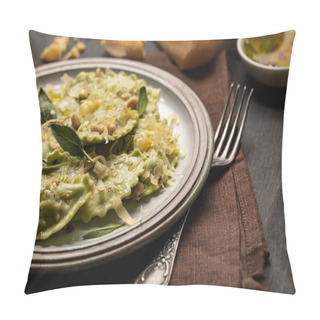 Personality  Close Up View Of Green Ravioli With Melted Cheese, Pine Nuts And Green Sage Leaves In Retro Plate On Napkin With Fork Pillow Covers