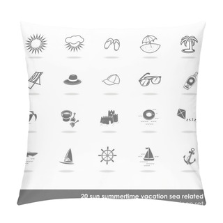 Personality  20 Sun Seaside Beach Summer Holidays Related Monochrome Icon Set With Light Shadow On White Background Vector Isolated Elements Pillow Covers
