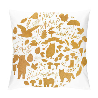 Personality  Watercolor Illustration, Set With The Image Of Leaves, Branches, Berries, Flowers, Animals And Birds, Autumn Elements, Bear, Squirrels, Fox, Owl. Watercolor Texture Of Ocher, Orange, Brown. Pillow Covers