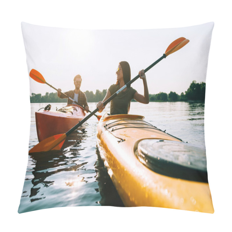 Personality  beautiful couple kayaking on river together pillow covers