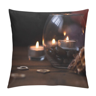 Personality  A Candle In A Glass Vase, Decoration And Various Interesting Elements On A Dark Wooden Background. Candles Burning. Set For Spa And Massage. Pillow Covers