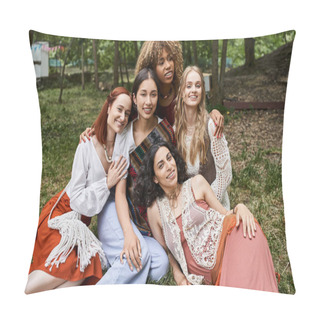 Personality  Trendy And Smiling Interracial Girlfriends Hugging While Spending Time On Lawn In Retreat Center Pillow Covers