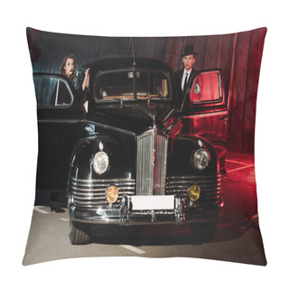 Personality  Attractive Woman And Handsome Gangster Standing Near Retro Car  Pillow Covers