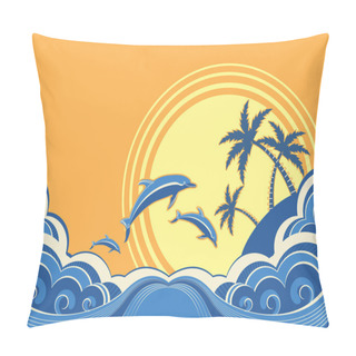 Personality  Seascape Waves Poster With Dolphins. Vector Illustration Pillow Covers