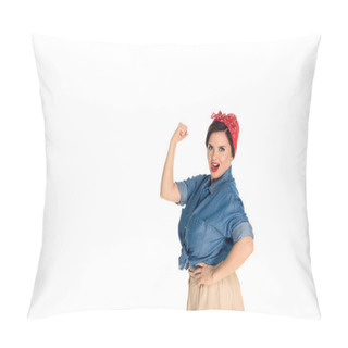 Personality  Confident Pin Up Woman Showing Biceps And Looking At Camera Isolated On White  Pillow Covers