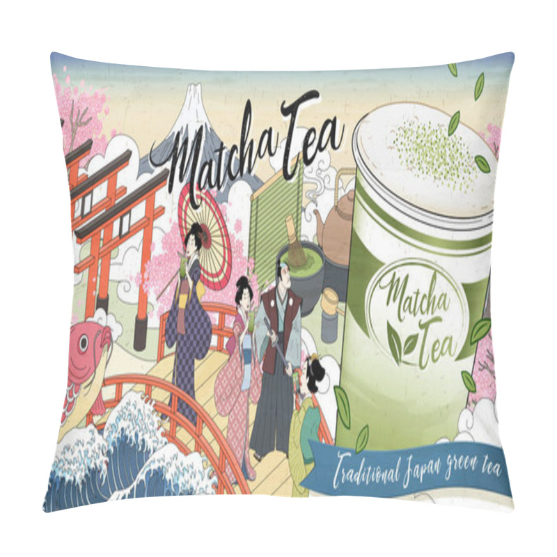 Personality  Ukiyo-e Matcha Tea Ads With Giant Takeaway Cup On Street, Japanese Retro Art Style Pillow Covers