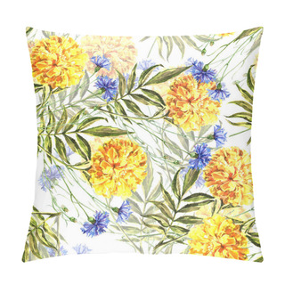 Personality  Watercolor Meadow Flowers Marigold And Cornflower On White Background. Floral Seamless Pattern. Pillow Covers