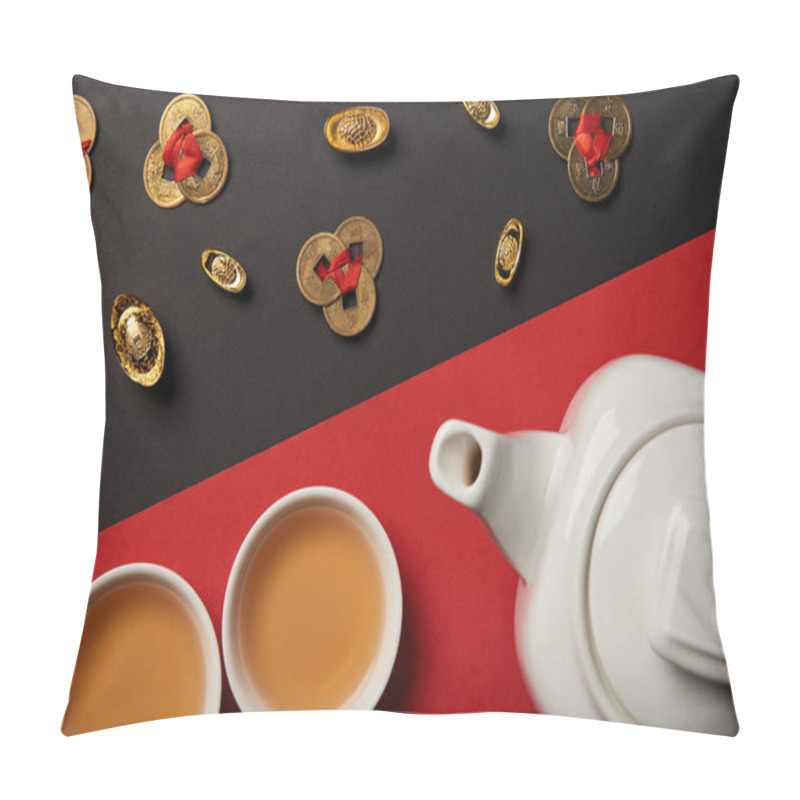 Personality  top view of tea pot, cups, gold ingots and feng shui coins on red and black background  pillow covers