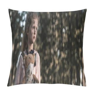 Personality  Panoramic Shot Of Kid Holding Dirty Teddy Bear Near Trees In Chernobyl, Post Apocalyptic Concept Pillow Covers