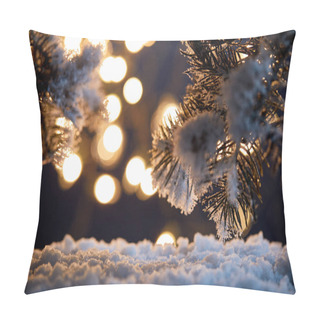 Personality  Close Up Of Spruce Branches In Snow With Christmas Lights Bokeh At Night   Pillow Covers