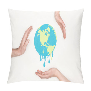 Personality  Cropped View Of Male And Female Hands Around Paper Cut Melting Globe On White Background, Global Warming Concept Pillow Covers