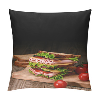 Personality  Fresh Sandwich With Lettuce, Ham, Cheese, Bacon And Tomato On Wooden Cutting Board With Cherry Tomatoes Isolated On Black Pillow Covers