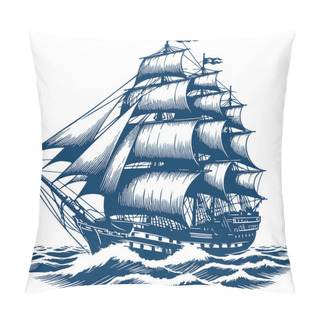 Personality  Vintage Wooden Sailing Craft Cruising Through Waves Vector Hatch Pattern Depiction Pillow Covers