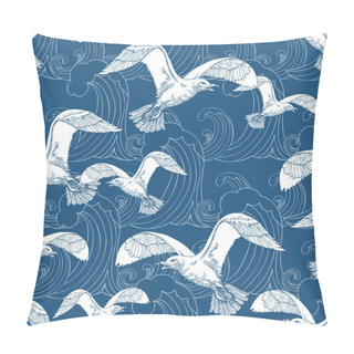 Personality  Abstract Sea Background, Beach Theme Fashion Seamless Pattern, Monochrome Exotic Vector Wallpaper, Vintage Fabric, Blue Wrapping With Seagull And Wave Ornaments - Summer, Maritime Theme For Design Pillow Covers