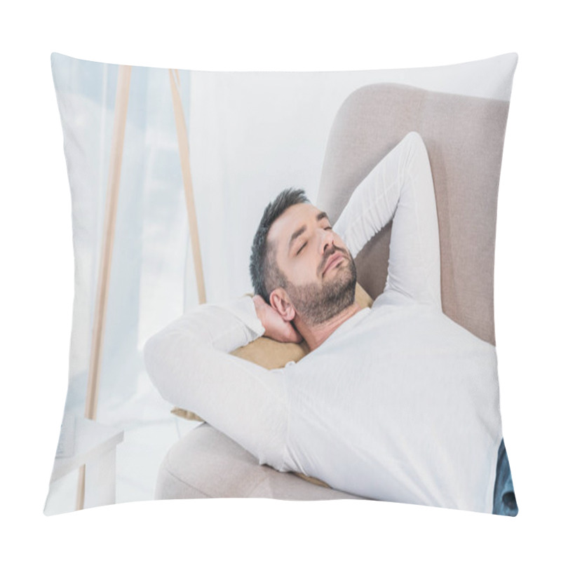 Personality  Handsome Bearded Man With Eyes Closed And Hands Behind Back Sleeping On Couch At Home Pillow Covers