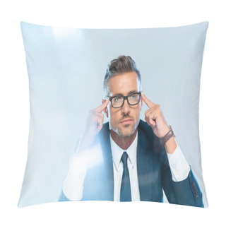 Personality  Handsome Businessman In Glasses Touching Head Isolated On White, Artificial Intelligence Concept Pillow Covers