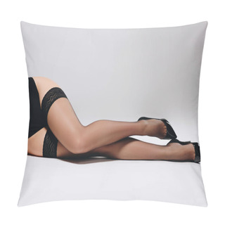 Personality  Woman In Black Stockings And Heel Shoes Lying On White Background Pillow Covers