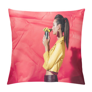 Personality  Side View Of Fashionable Girl In Yellow Leather Jacket Posing With Flowers On Red Background Pillow Covers