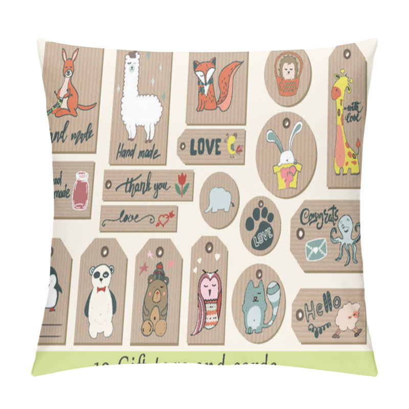 Personality  Gift tags, cards, labels and stickers with cute cartoon animals on craft paper.  pillow covers