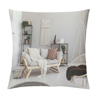 Personality  Handmade Macrame On The Empty Wall Of Bright Beige Living Room With Comfortable Couch With Pillows And White Blanket , Real Photo Pillow Covers