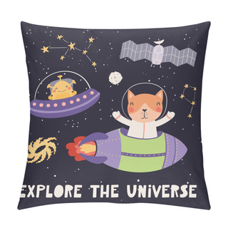 Personality  Hand Drawn Vector Illustration Of Cute Cat Astronaut And Alien In Space With Lettering Quote Explore The Universe On Dark Background. Scandinavian Style Flat Design. Concept For Children Print. Pillow Covers