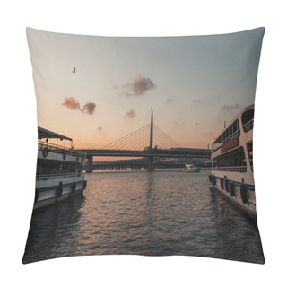 Personality  Ships And Golden Horn Metro Bridge At Background In Evening, Istanbul, Turkey  Pillow Covers