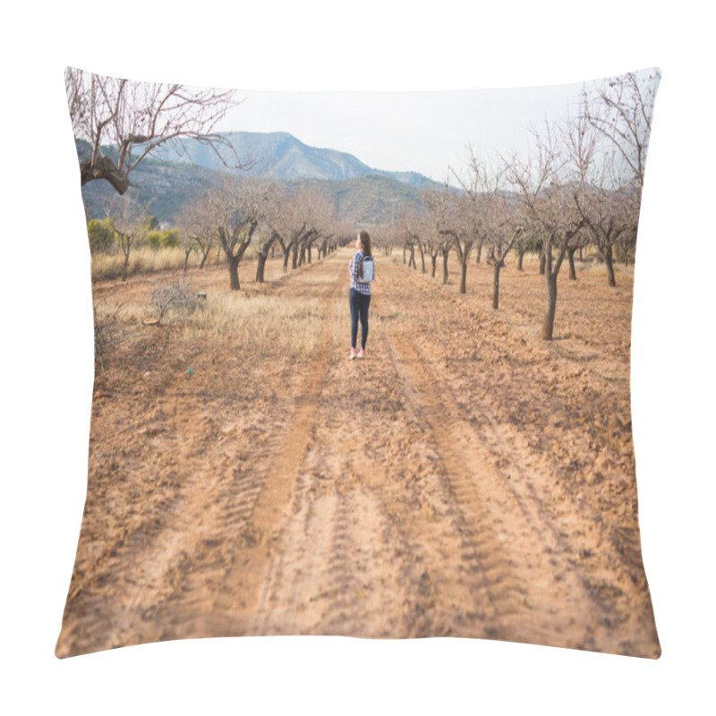 Personality  Trip, Fashion And People Concept - Happy Young Woman Walking With Small Bag And Smiling Over The Nature Pillow Covers