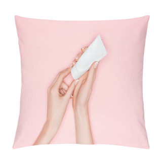 Personality  Cropped View Of Female Hands With Hand Cream Isolated On Pink Pillow Covers