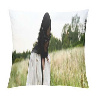 Personality  A Young Woman In White Attire And Black Veil Stands Peacefully In A Field Of Tall Grass, Embracing The Summer Breeze. Pillow Covers