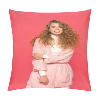 Personality  Smiling Woman In Warm Clothes Looking At Camera Isolated On Red Pillow Covers