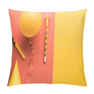 Personality  Top View Of Yellow Balloon, Streamer, Party Hat On Coral And Yellow Background Pillow Covers