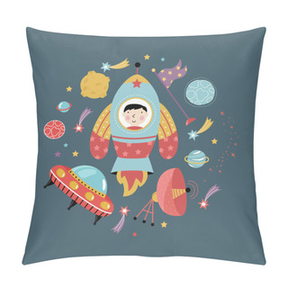 Personality  Space Icons In Cartoon Style. Spaceship, Flying Saucer, Cute Aliens, Colorful Stars, Planets, Comets Vector Icons Isolated On Blue Background Set. Astronomic Funny Illustration For Childrens Book Pillow Covers