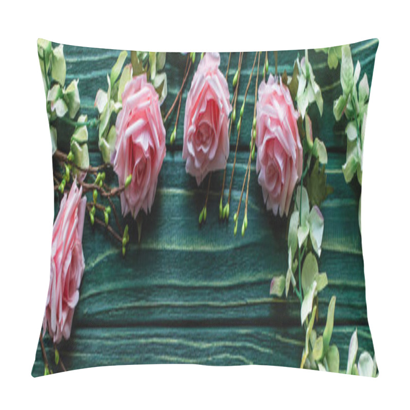 Personality  Top View Of Wooden Green Background With Blossoming Branches And Roses, Panoramic Shot Pillow Covers