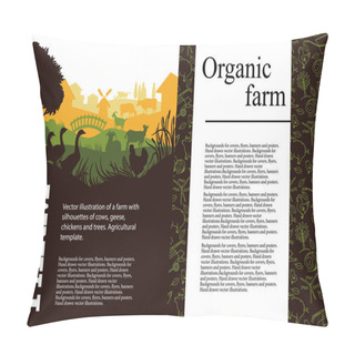 Personality  Vector Illustration Of A Farm With Silhouettes Of Cows, Geese, Chickens And Trees. Agricultural Template. Pillow Covers