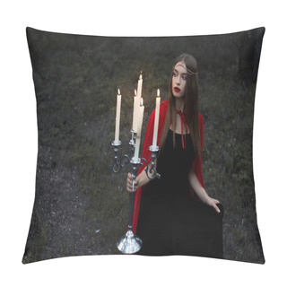 Personality  Elegant Mystic Girl In Red Cloak Holding Candelabrum With Flaming Candles Walking In Dark Forest Pillow Covers