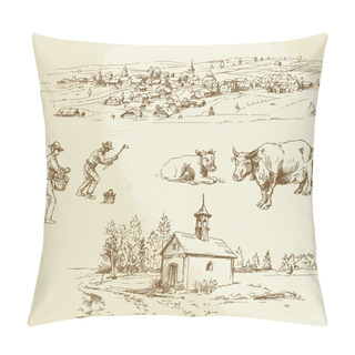 Personality  Rural Village, Agriculture - Hand Drawn Illustration Pillow Covers