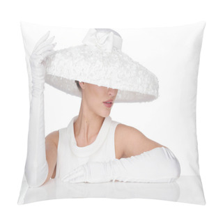 Personality  Mysterious Woman In Elegant White Hat And Glowes Pillow Covers