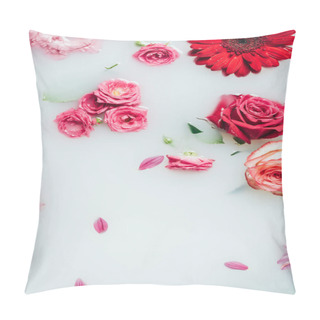 Personality  Top View Of Beautiful Roses And Gerbera Flowers In Milk Backdrop Pillow Covers