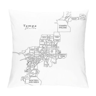 Personality  Modern City Map - Tampa Florida City Of The USA With Neighborhoods And Titles Outline Map Pillow Covers
