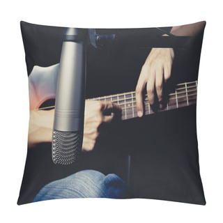 Personality  Male Musician Playing Acoustic Guitar Behind Condenser Microphone In Recording Studio Pillow Covers