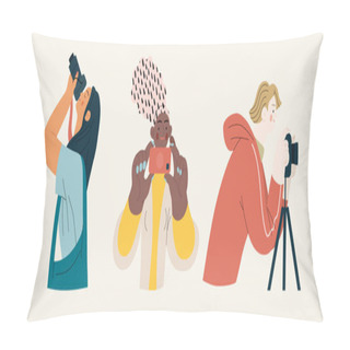Personality  People Portrait - Taking Photos -Modern Flat Vector Concept Illustration Of A People Taking Photo With A Phone Or Camera, Half-length Portrait, User Avatar. Creative Landing Web Page Illustartion Pillow Covers