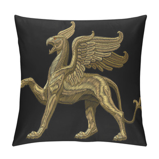 Personality  Golden Textured Embroidery Griffin Textile Patch Design. Fashion Decoration Ornament Fabric Print. Gold On Black Background Legendary Mythic Heraldic Character Lion Eagle Vector Illustration Pillow Covers