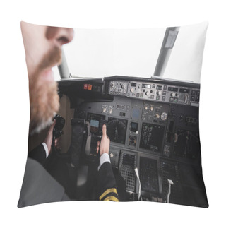 Personality  Cropped View Of Bearded Pilot Using Yoke In Airplane Simulator  Pillow Covers