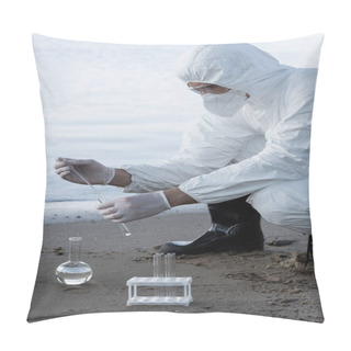 Personality  Water Inspector In Protective Costume And Respirator Taking Water Sample At River Pillow Covers