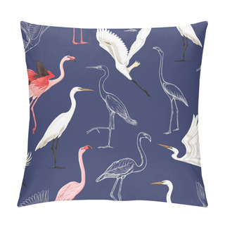 Personality  Seamless Pattern, Background With Tropical Birds. White Heron, Flamingo. Colored And Outline Design On Navy Blue Background.. Vector Illustration Pillow Covers